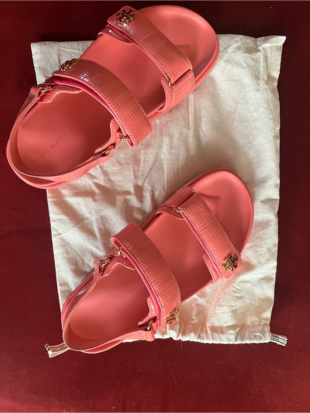 Tory Burch Coral-Pink Double-Strap Kids Sandals with Gold Emblems